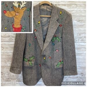 Vintage One‎ Of A Kind Christmas Womens XXL Wool Coat Hand Painted Rudolf Lights